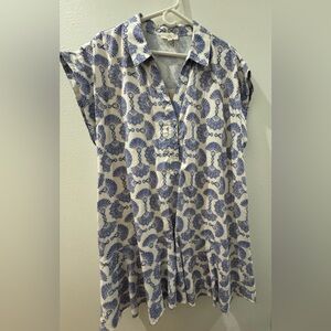 Blue and White Patterned Button-Up Mini Dress